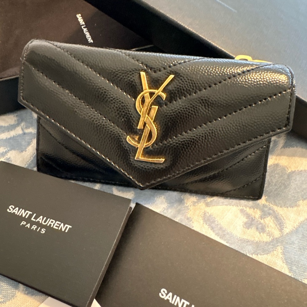 Saint Laurent Black and Gold Chevron Wallet Flap Card Case